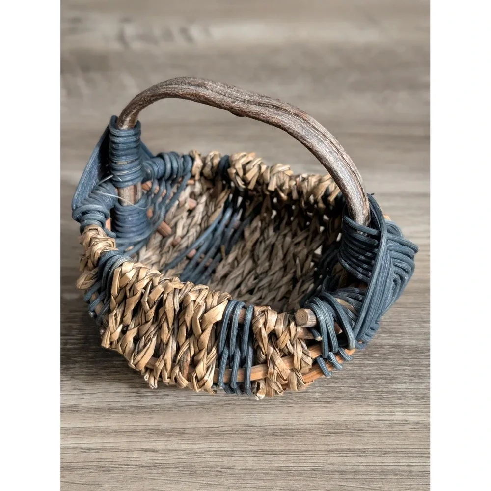 Vintage Miniature Woven Basket Blueish Green & Brown Seagrass Twig Handle Rustic